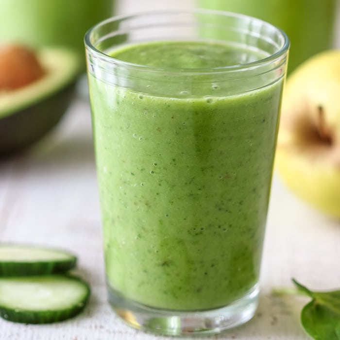 Cucumber, Lemon and Mint Smoothie in a transparent glass.