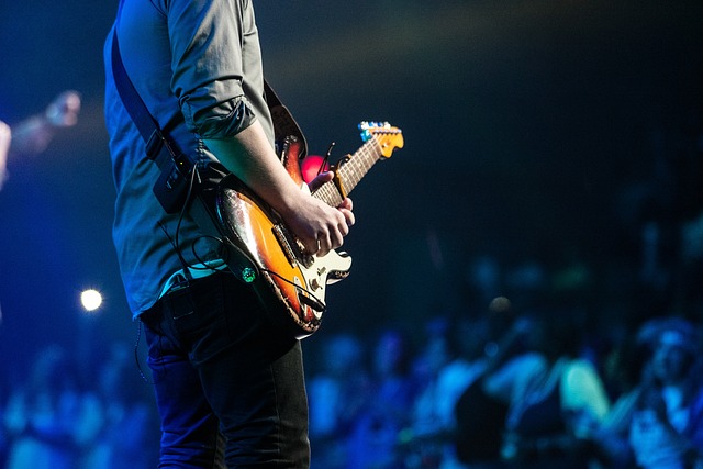 A musical artist is performing at a concert with a large audience.